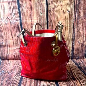 MICHAEL KORS RED PATENT MONOGRAM TOTE BAG